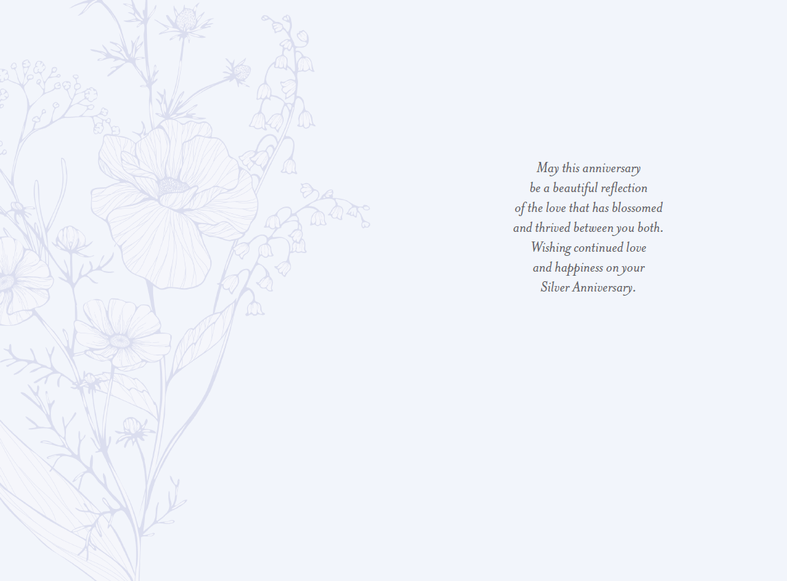 Silver Florals 25th Anniversary Card from Pictura featuring elegant floral design on a stylish greeting card.