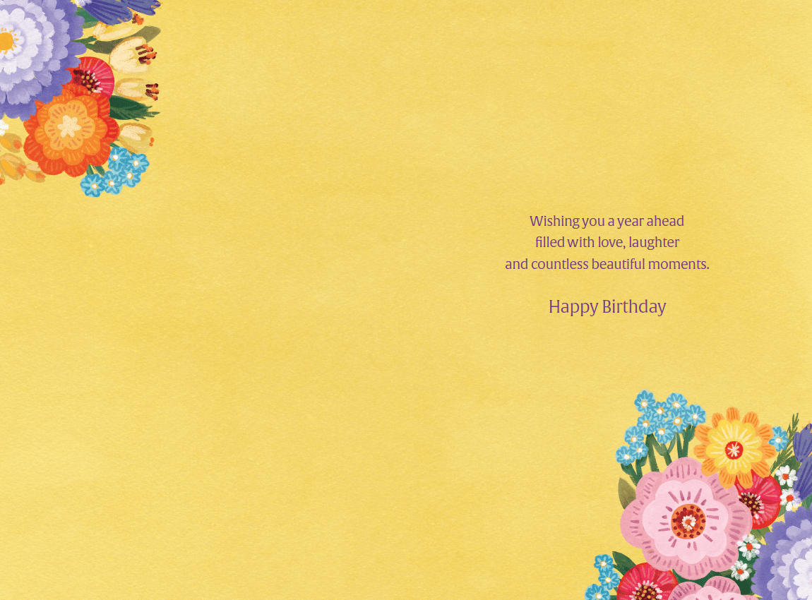 Colorful floral abundance birthday card by Cardmore with vibrant flower illustrations on a white background.
