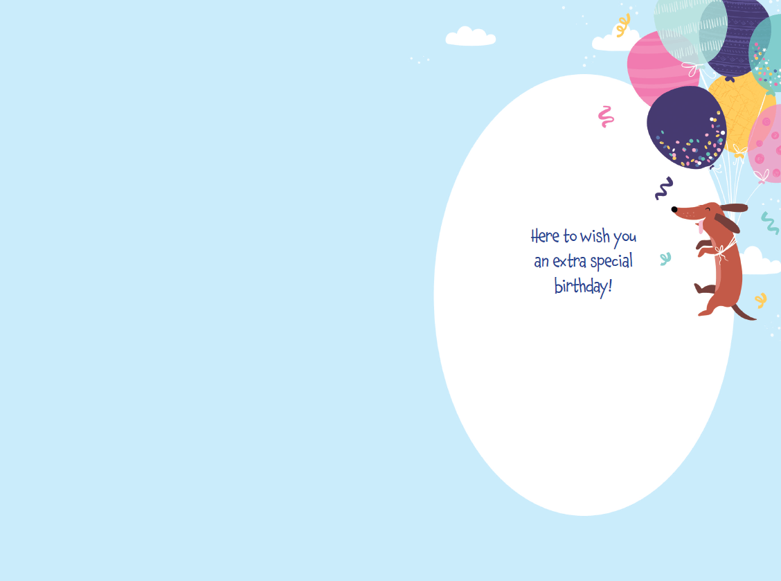 Balloon Dachshund birthday card by Cardmore featuring a colorful illustrated dachshund with balloons on a white background.