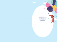 Balloon Dachshund birthday card by Cardmore featuring a colorful illustrated dachshund with balloons on a white background.