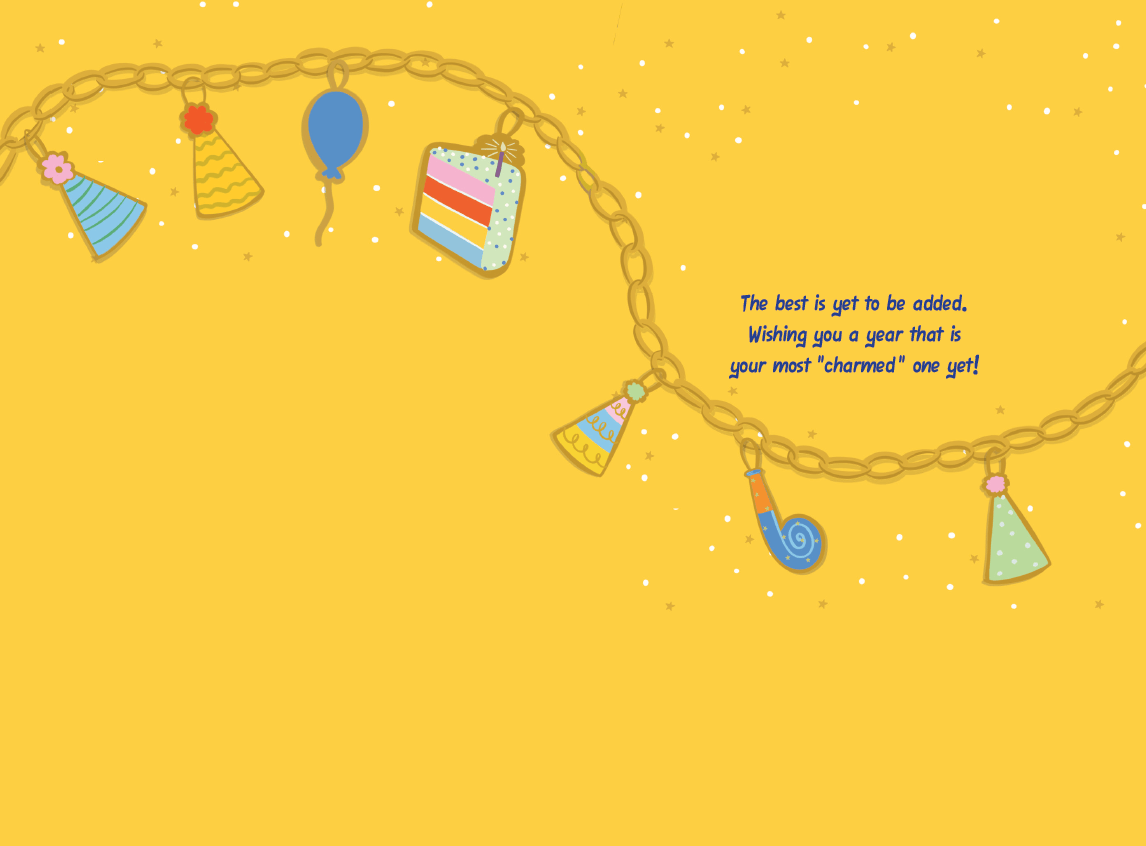 Festive Charms birthday card by Cardmore featuring colorful birthday-themed illustrations on an everyday card.