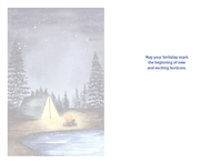 Adventure Awaits camping birthday card by Cardmore featuring outdoor camping scene and adventurous design for special celebrations.