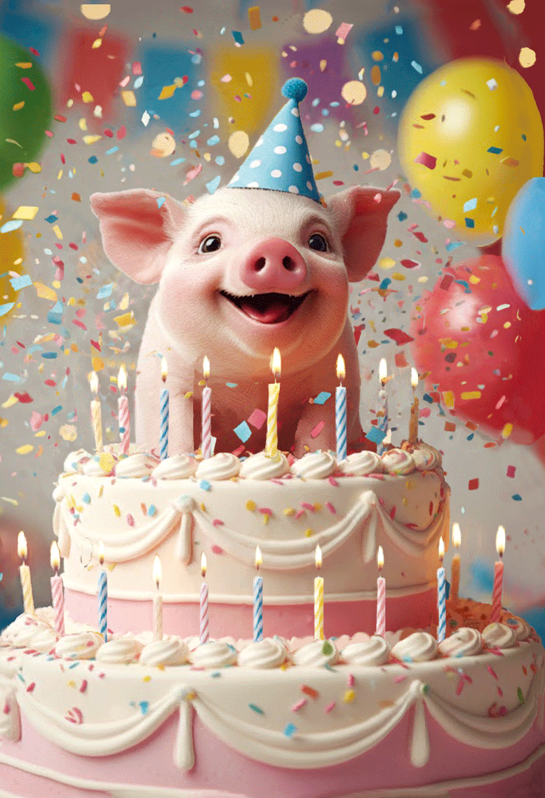 Pictura Pig in Cake birthday card with lenticular design, featuring a cute pig and colorful cake illustration for special occasions.