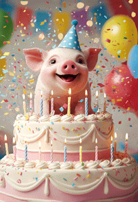 Pictura Pig in Cake birthday card with lenticular design, featuring a cute pig and colorful cake illustration for special occasions.
