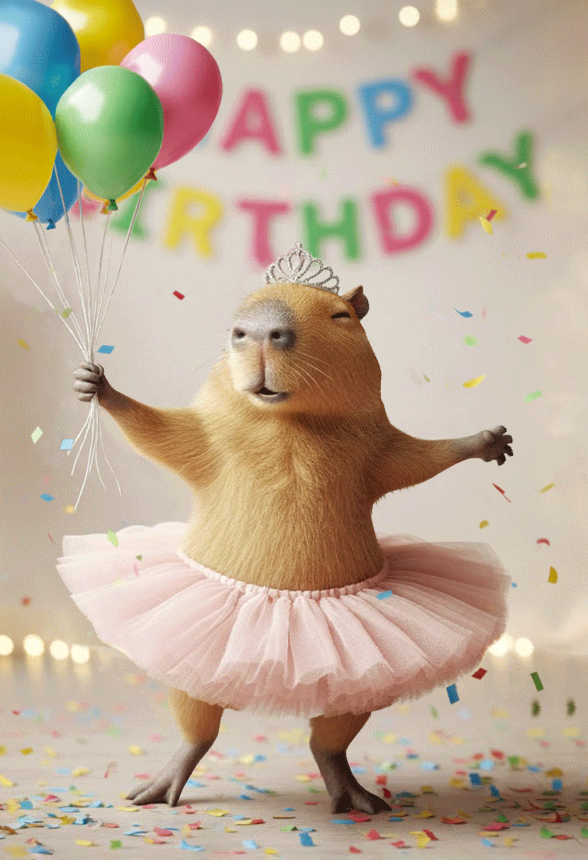 Colorful Ballerina Capybara birthday card with lenticular design from Pictura, featuring an animated capybara dancing on the front.