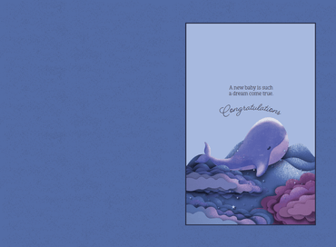 Whale in clouds baby card by Pictura featuring a cute whale floating among soft clouds, perfect for new baby greetings.