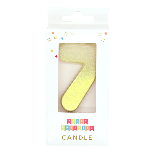 Gold ombre metallic Number 7 candle by Party Partners, decorative candle for celebrations and parties.