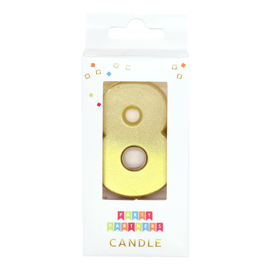 Gold ombre metallic number candle 8 from Party Partners, decorative birthday candle with shiny gold finish.