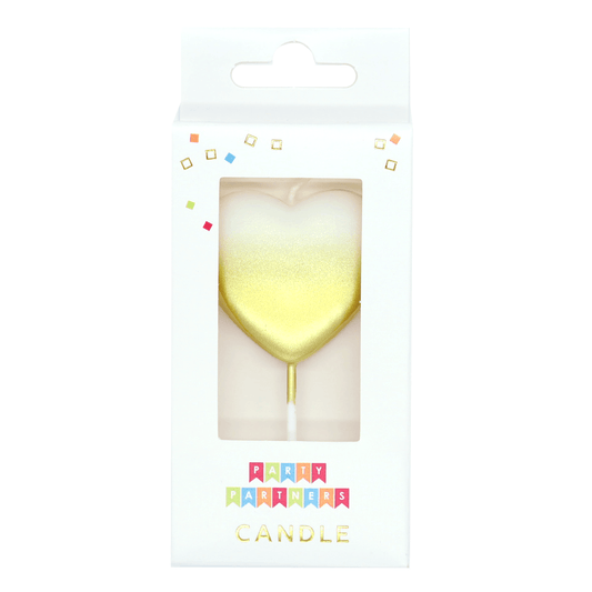 Gold ombre metallic number candle in the shape of a heart, perfect for celebrations and party decorations.