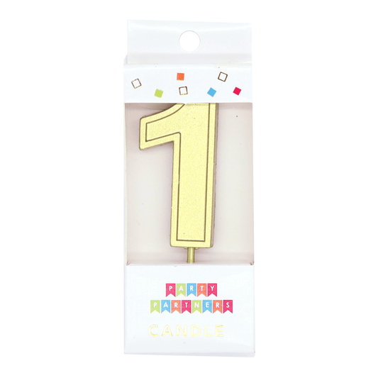 Gold number 1 decal candle from Party Partners, decorative candle with a shiny gold number 1 for celebrations