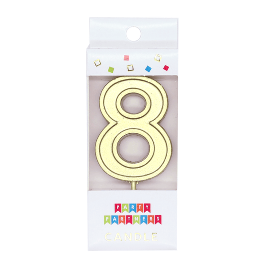 Gold number 8 decal candle from Party Partners, decorative candle with a gold number 8 design for celebrations.