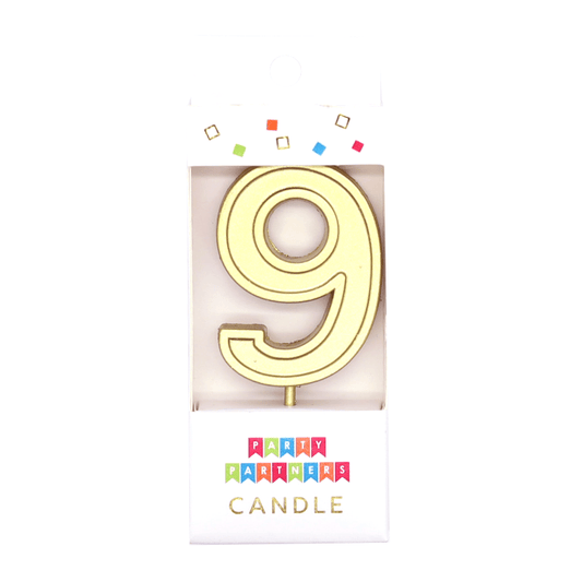 Gold number 9 candle decal from Party Partners, decorative candle with a shiny gold number 9 design for celebrations.