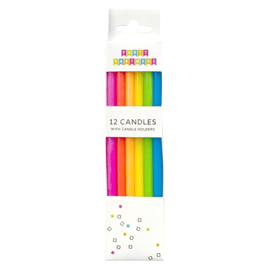 Set of neon rainbow candles from Party Partners, featuring colorful, decorative candles arranged in a vibrant display.