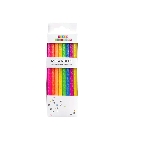Set of tall neon rainbow candles from Party Partners, featuring vibrant, colorful candle designs arranged together.