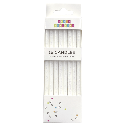 Tall white glitter candles from Party Partners candle set, featuring sleek white design with shimmering glitter finish.