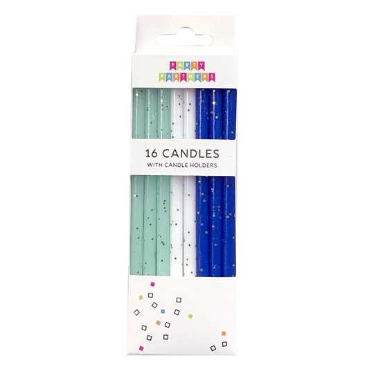 Set of Party Partners blue and gold glitter candles with decorative flame tips, ideal for celebratory occasions