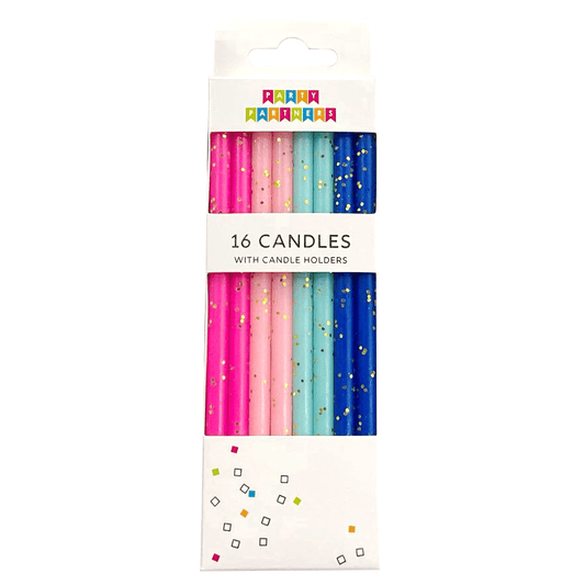 Set of 16 Party Partners candles with gold glitter, pink and blue tones, perfect for celebrations and festive decor.
