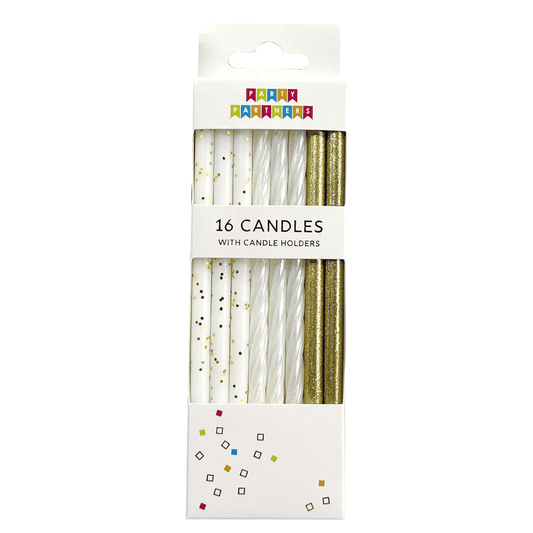 Set of 16 gold and white glitter candles from Party Partners, decorative candles with shiny gold and white glitter details.