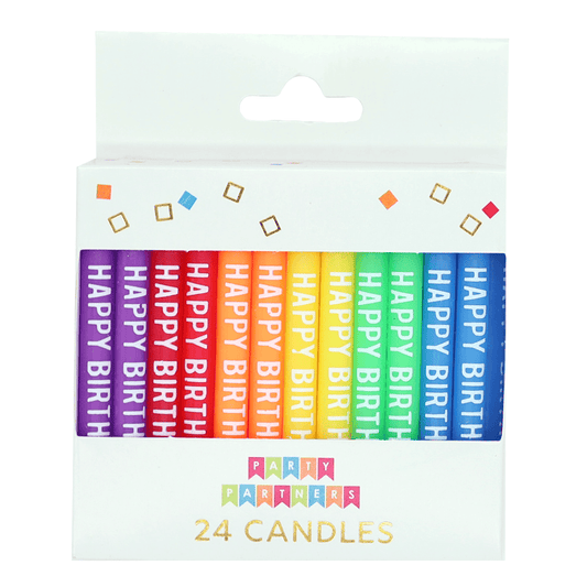Set of 24 Party Partners Happy Birthday candles arranged on a display, ideal for birthday celebrations.