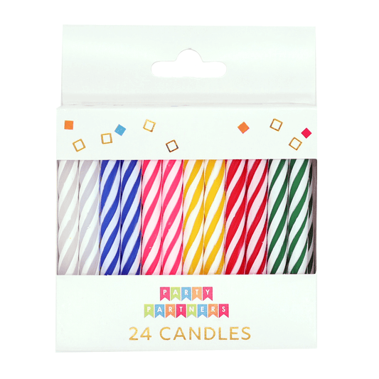 Colorful rainbow striped candle set from Cardmore, featuring 24 decorative candles for home decor or special occasions.