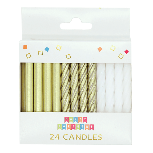 Set of 24 gold and white candles from Party Partners, featuring elegant candle designs perfect for decorative or celebratory use.