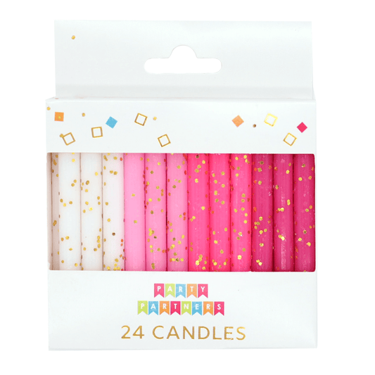 Set of 24 pink glitter candles from Party Partners, featuring shiny pink surfaces and elegant candle shapes.