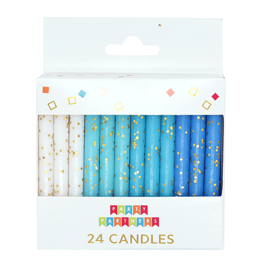 Set of 24 blue glitter candles from Party Partners, featuring shiny, decorative candles ideal for celebrations and special occasions.