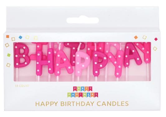 Pink dotted birthday candles from Party Partners candle set, perfect for celebrating with colorful party candles.