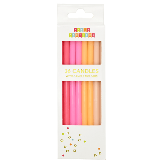 Set of 16 tall cotton candy scented candles by Party Partners, displayed in glass holders with pink and white colors.