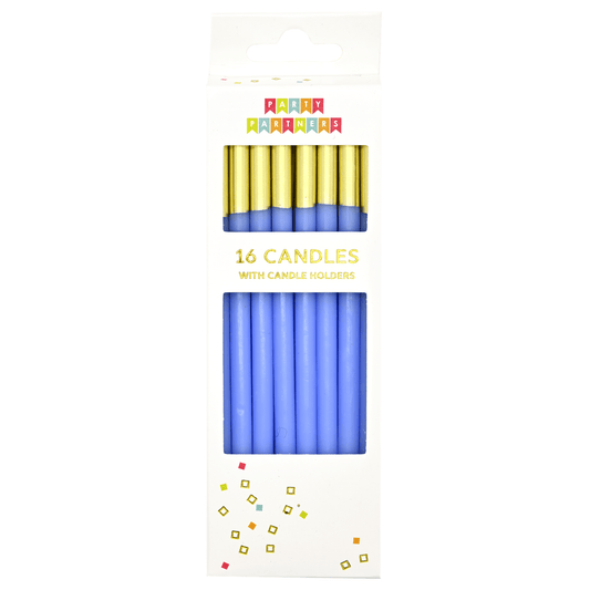 Set of 16 blue dipped candles from Party Partners, arranged in a decorative display with candle holders.