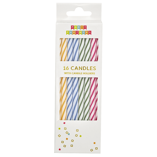 Set of white spiral rainbow candles from Party Partners, featuring 16 colorful decorative candles for celebrations.