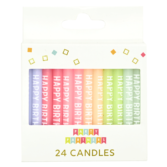 Pastel birthday candles from Party Partners' Happy Birthday 24-piece candle set, arranged in a colorful display.