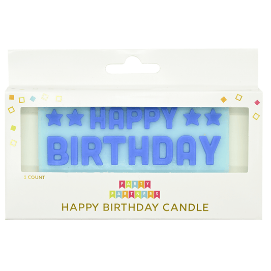 Blue birthday candles from Pictura in a block candle set, arranged in a festive display with flame tips.