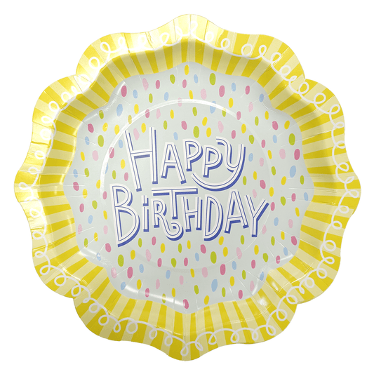 Set of four Happy Birthday Dots party plates by Party Partners featuring colorful dot designs for celebration.