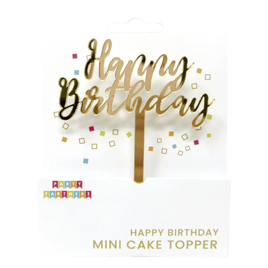 Gold mini cake topper from Party Partners with "BD" design, ideal for birthday cakes and celebrations.