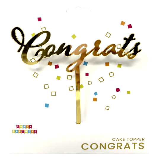 Gold "Congrats" cake topper from Party Partners with elegant script design, perfect for celebrating special occasions.