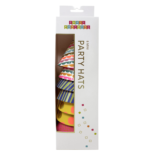 Colorful mini party hats by Party Partners, small cone-shaped party accessories with festive patterns and tassels.