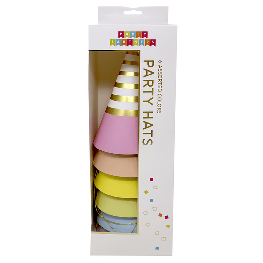 Colorful pastel party hats from Party Partners, decorated with fun patterns, perfect for celebrations and festive gatherings.