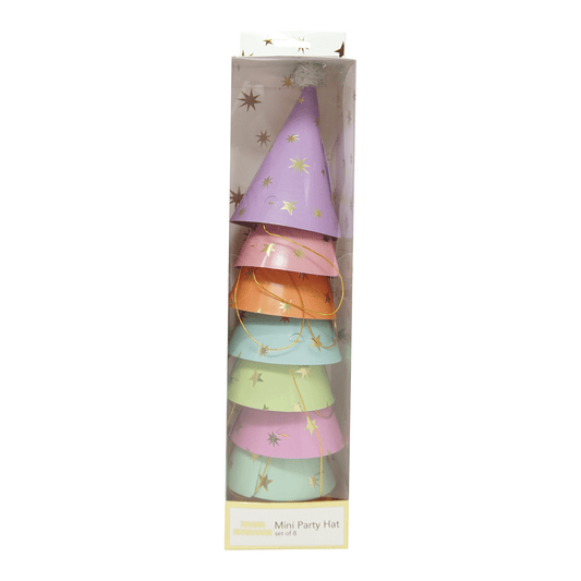 Set of 8 mini pastel party hats by Party Partners, colorful cone-shaped party hats for celebrations and gatherings.