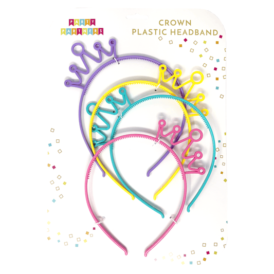 Set of plastic crown headbands for parties, featuring colorful plastic party hats with fun crown designs by Cardmore.