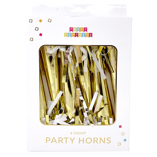 Gold star scalloped striped party horns by Party Partners, colorful festive tooters for celebrations and parties.