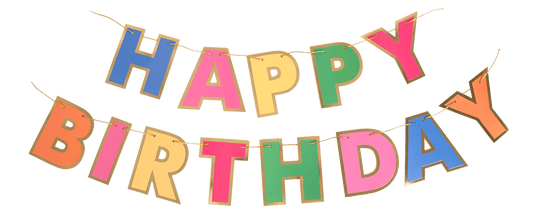 Colorful birthday banner by Party Partners featuring rainbow-colored letters spelling "Happy Birthday" for festive celebrations.