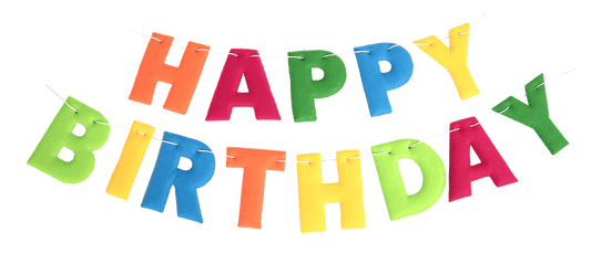 Colorful felt letter banner spelling "Happy Birthday" from Party Partners, featuring felt letters on a string for celebration decor.