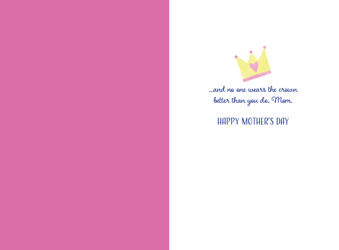 Pictura Mother's Day card titled "Good To Be Queen," featuring floral and crown illustrations, celebrating moms on Mother's Day