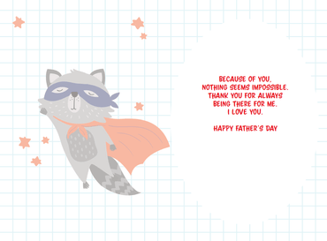 Raccoon superhero Father’s Day card featuring a cute raccoon in a superhero costume, designed by Omega Industry Co., LTD.