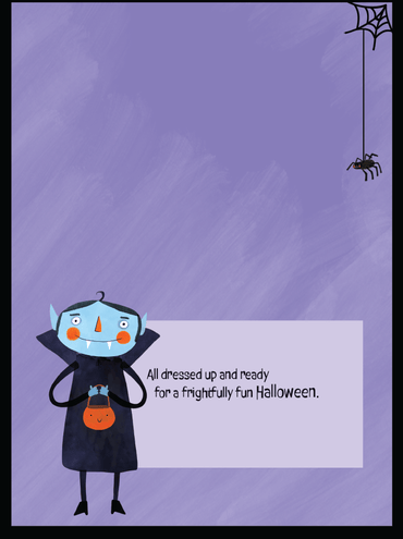 Colorful Pictura Halloween Counter Card for kids' costumes, featuring spooky themed illustrations for Halloween decor.