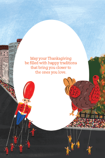Thanksgiving Parade card by Pictura featuring colorful parade scene with balloons and festive holiday imagery.