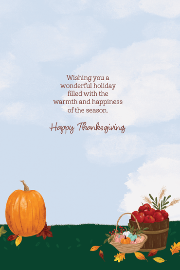 Thanksgiving card from Pictura featuring autumn leaves and "Hello Fall" message for Thanksgiving celebration.