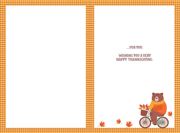 Thanksgiving card featuring a bear with a bicycle from Pictura, perfect for holiday greeting messages.
