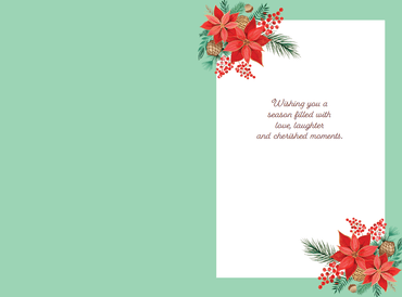 Seasonal Christmas card featuring vibrant red poinsettias with festive holiday greeting from Pictura.